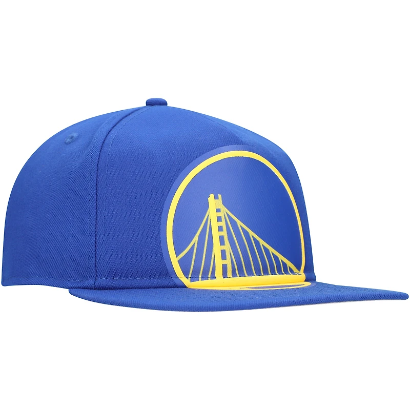 Casquette snapback surdimensionnée avec logo imprimé bouffant Royal Golden State Warriors New Era pour homme