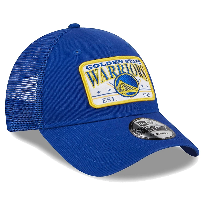 Men's New Era Royal Golden State Warriors Plate Oversized Patch Trucker 9FORTY Adjustable Hat