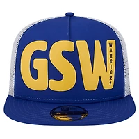 Casquette de camionneur Snapback 9FIFTY Royal Golden State Warriors Puff Print Team Code A-Frame New Era pour homme