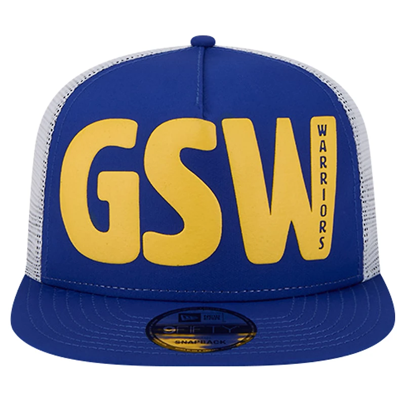 Casquette de camionneur Snapback 9FIFTY Royal Golden State Warriors Puff Print Team Code A-Frame New Era pour homme