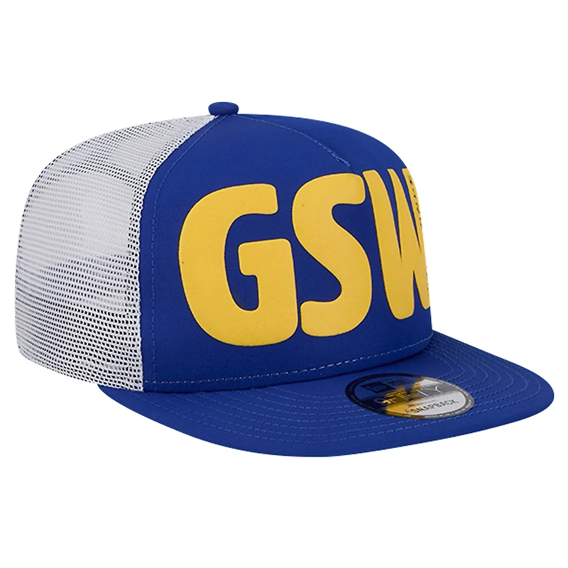 Men's New Era Royal Golden State Warriors Puff Print Team Code A-Frame 9FIFTY Trucker Snapback Hat