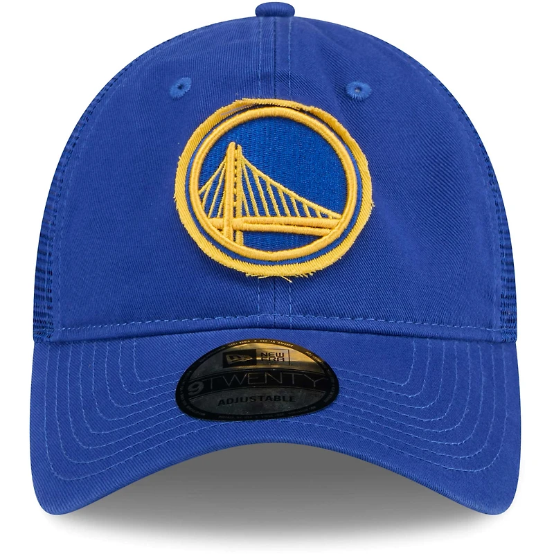 Casquette réglable 9TWENTY New Era Royal Golden State Warriors Rough Edge Logo Trucker pour hommes
