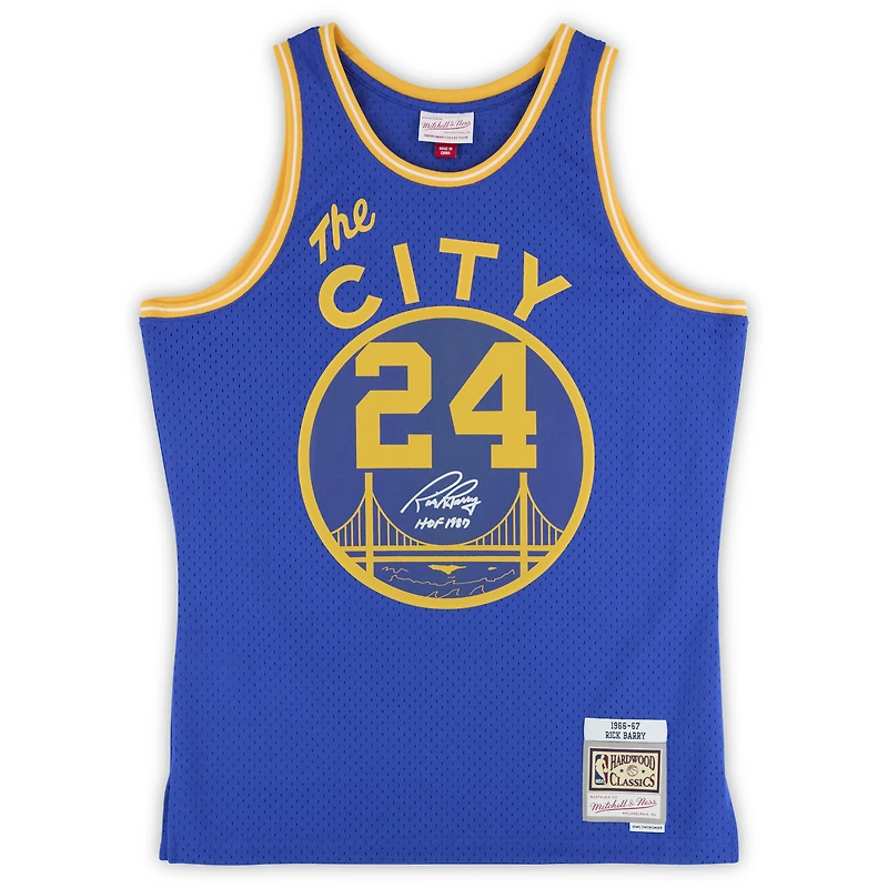 Maillot Swingman bleu autographié par Rick Barry des Golden State Warriors, Mitchell & Ness, 1996-97