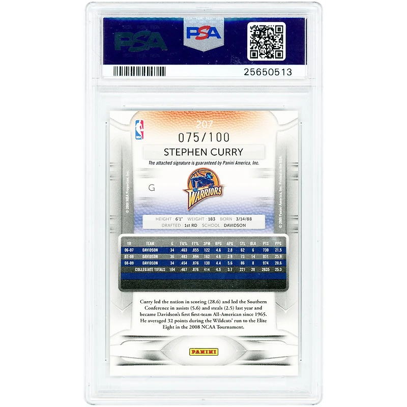 Carte de recrue autographiée de Stephen Curry (Golden State Warriors), Panini Prestige Draft Picks 2009-10, bleu clair, n° 207, n° 75/100, authentifiée PSA 10/10.