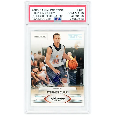 Carte de recrue autographiée de Stephen Curry (Golden State Warriors), Panini Prestige Draft Picks 2009-10, bleu clair, n° 207, n° 75/100, authentifiée PSA 10/10.