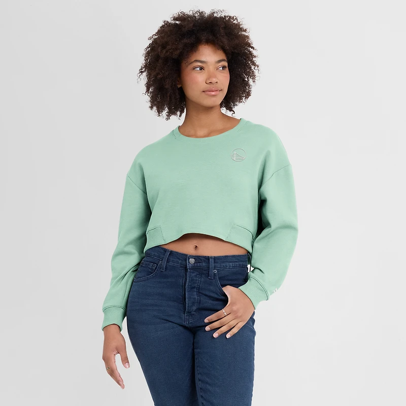 Women's Fanatics Mint Golden State Warriors Studio Tri-Blend Cropped Pullover Sweatshirt