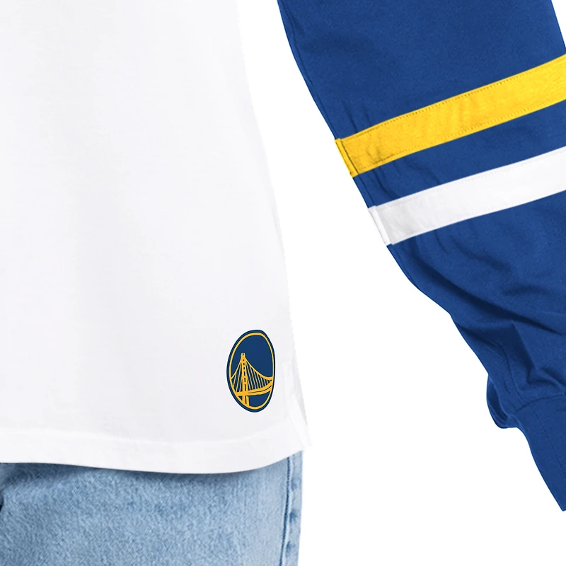 Women's G-III 4Her by Carl Banks  White/Royal Golden State Warriors Key Player Oversized Hooded Long Sleeve T-Shirt