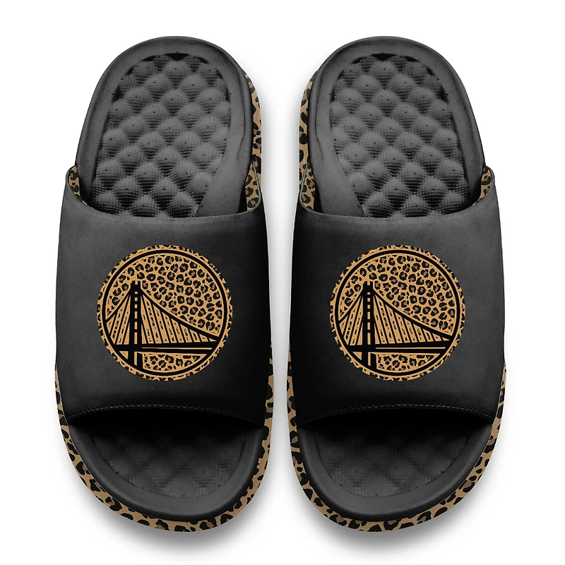 Women's ISlide Black Golden State Warriors Cheetah Dip Motive Slide Sandals