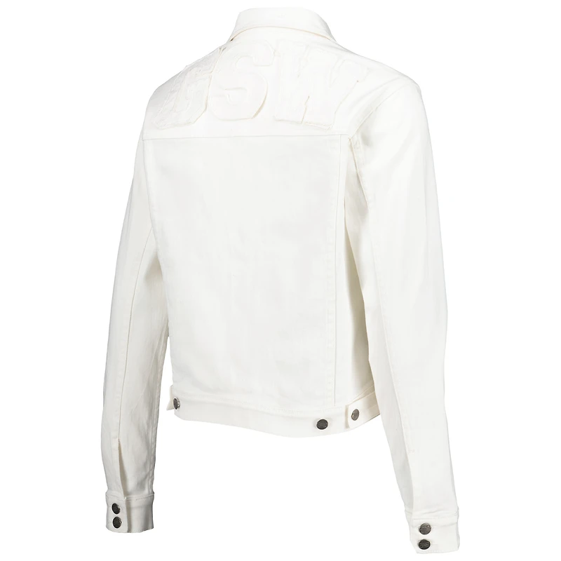 Veste en jean boutonnée Golden State Warriors Lusso White pour femme avec cristaux Swarovski et effet usé