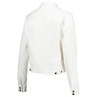 Veste en jean boutonnée Golden State Warriors Lusso White pour femme avec cristaux Swarovski et effet usé