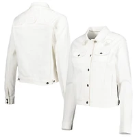 Veste en jean boutonnée Golden State Warriors Lusso White pour femme avec cristaux Swarovski et effet usé