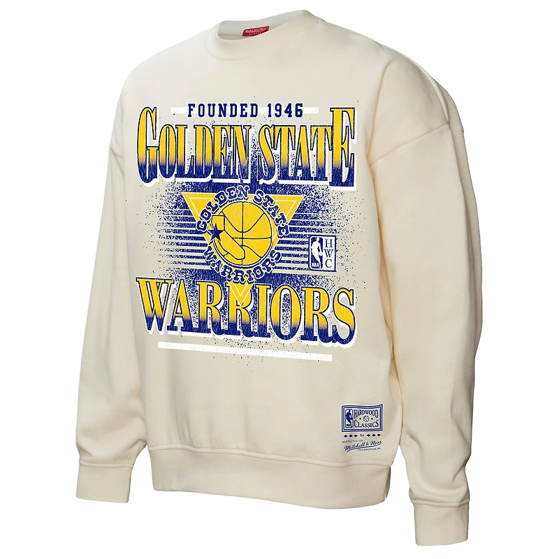 Women's Mitchell & Ness Cream Golden State Warriors Oversprayed Pullover Sweatshirt