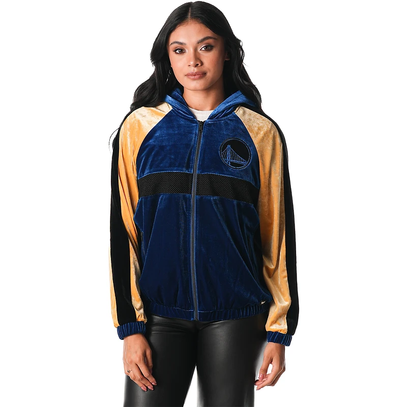 Veste de survêtement zippée en velours bleu Golden State Warriors The Wild Collective pour femme
