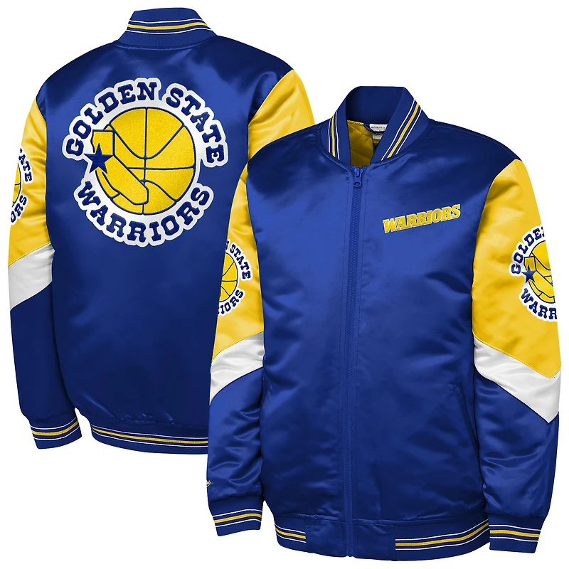 Veste en satin épais entièrement zippée Mitchell & Ness Royal Golden State Warriors Throw It Back pour jeune