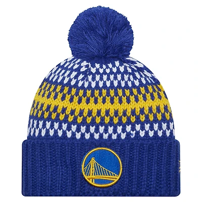 Bonnet en tricot confortable à revers New Era Royal Golden State Warriors pour jeune avec pompon