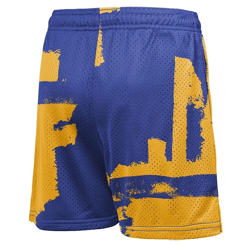 Short d'entraînement Nike Courtside Pro Shot Dri-FIT Mesh pour jeunes, bleu royal et or, Golden State Warriors.