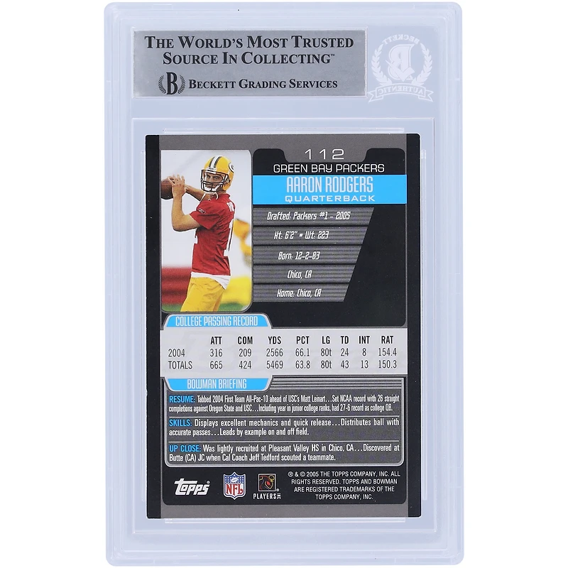 Aaron Rodgers Green Bay Packers Autographed 2005 Bowman #112 Beckett Fanatics Witnessed Authenticated Rookie Card