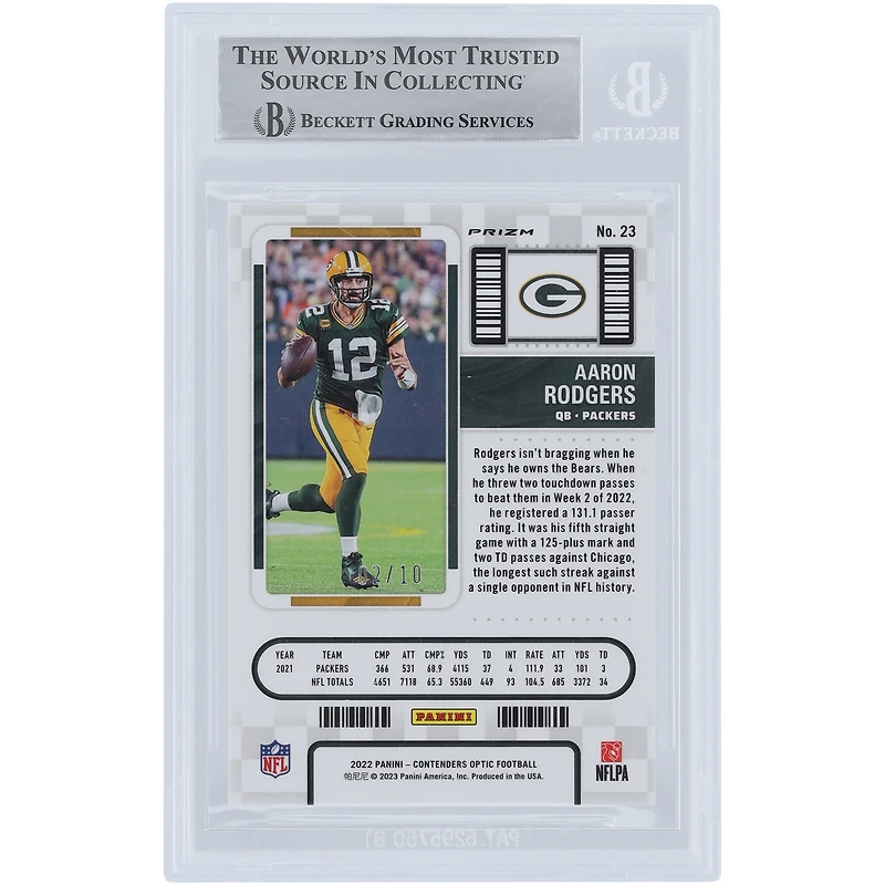 Aaron Rodgers Green Bay Packers Autographed 2022 Panini Contenders Optic Gold Prizm #23 #2/10 Beckett Fanatics Witnessed Authenticated Card