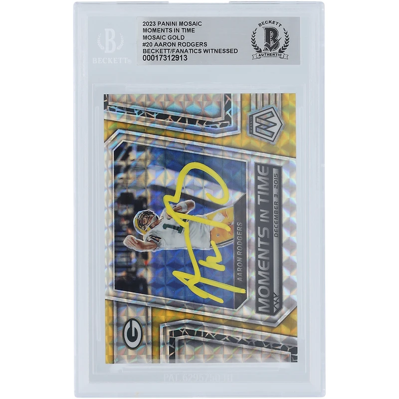 Aaron Rodgers Green Bay Packers Autographed 2023 Panini Mosaic Moments in time Gold Mosaic Yellow Ink #MT-20 #/10 Beckett Fanatics Witnessed Authenticated Card