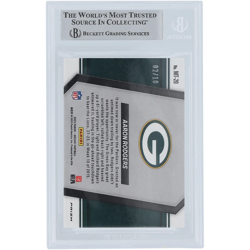 Aaron Rodgers Green Bay Packers Autographed 2023 Panini Mosaic Moments in time Gold Mosaic Yellow Ink #MT-20 #/10 Beckett Fanatics Witnessed Authenticated Card