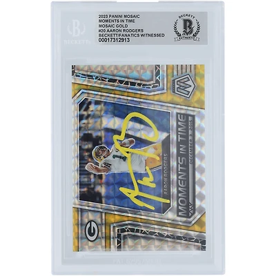 Aaron Rodgers Green Bay Packers Autographed 2023 Panini Mosaic Moments in time Gold Mosaic Yellow Ink #MT-20 #/10 Beckett Fanatics Witnessed Authenticated Card