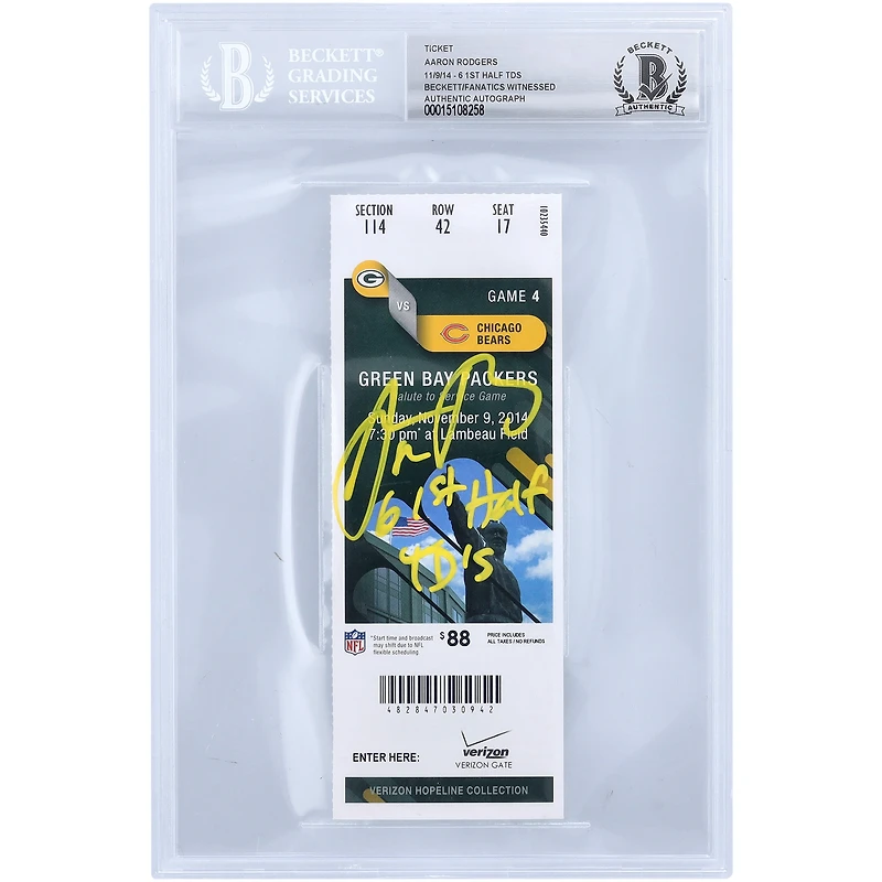 Aaron Rodgers Green Bay Packers Autographed Ticket from November 9 2014 with "6 1st Half TD'S" Inscription