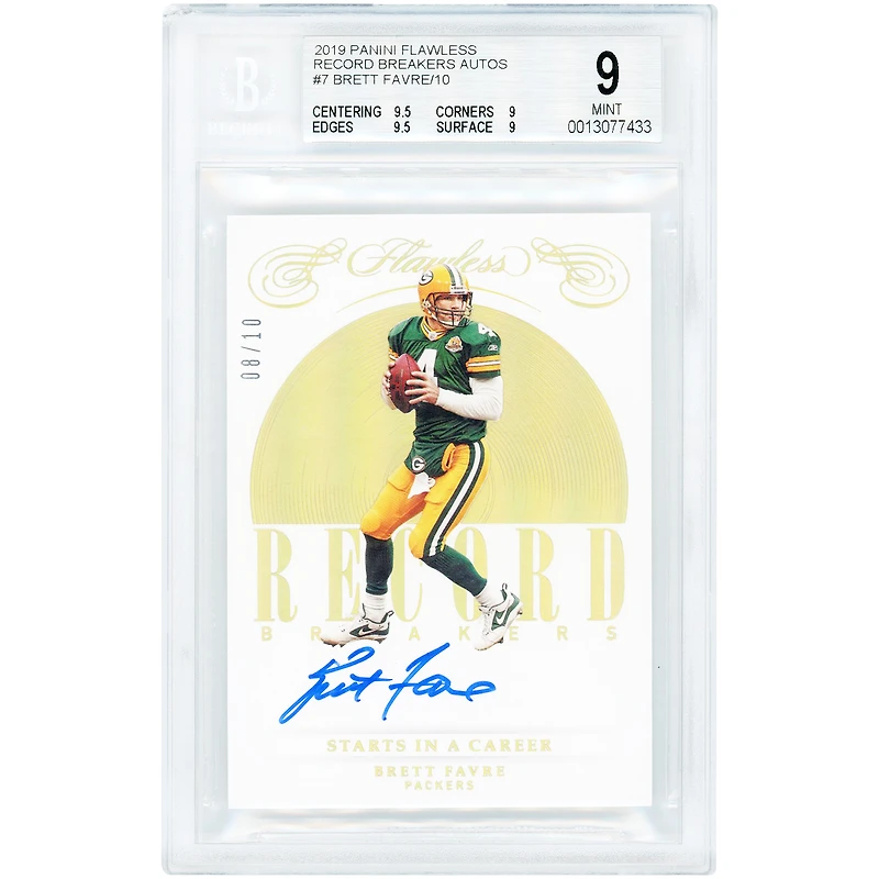 Carte autographiée de Brett Favre (Green Bay Packers) 2019 Panini Flawless Holo Gold Record Breakers #RB-BF #8/10, authentifiée BGS (9 cartes - sous-notes : 9,5, 9, 9,5, 9)