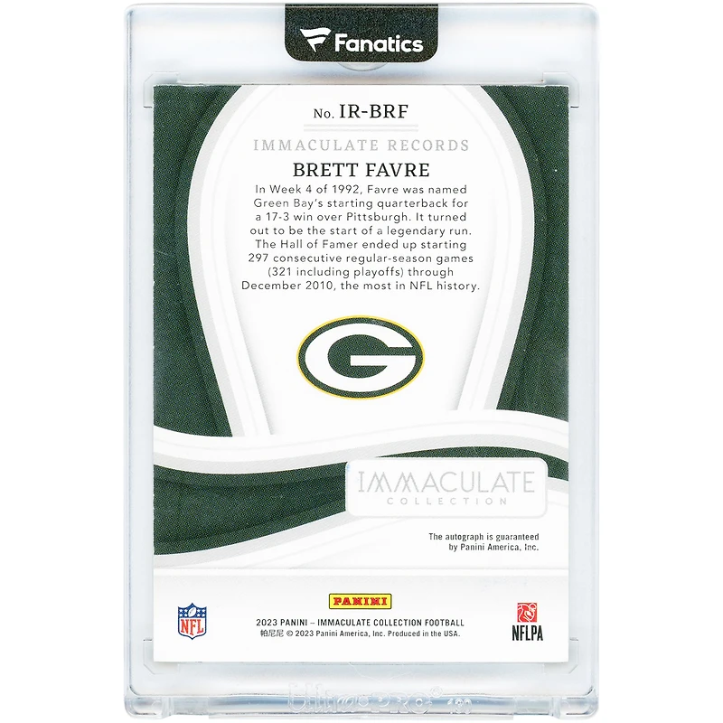 Brett Favre Green Bay Packers Autographed 2023 Panini Immaculate Collection Records #IR-BRF #2/25 Card