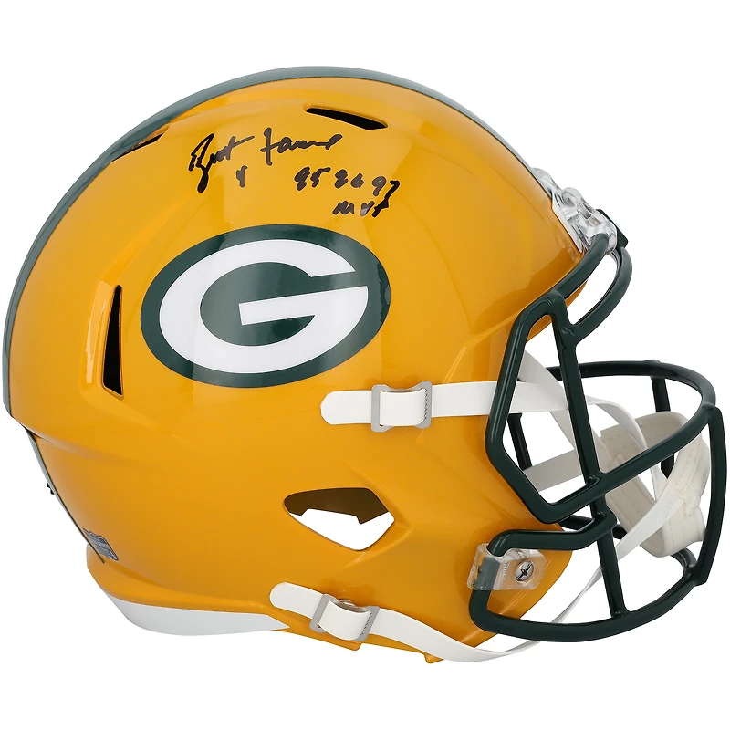 Casque réplique Riddell Speed ​​des Green Bay Packers, autographié par Brett Favre, avec inscription « MVP 95, 96, 97 ».