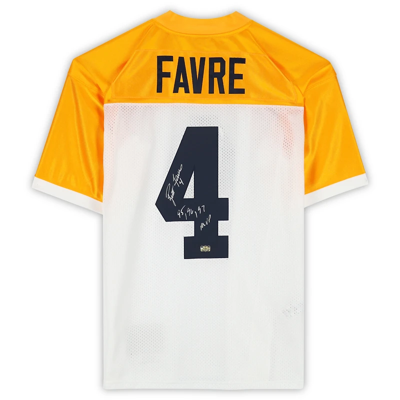 Brett Favre Green Bay Packers Autographed White Mitchell & Ness 1994 Legacy Jersey with "95, 96, 97 NFL MVP" Inscription