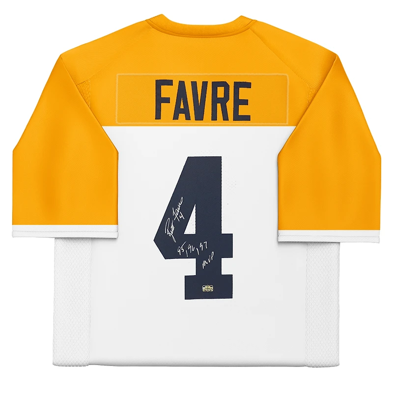 Maillot blanc Mitchell & Ness Legacy 1994 autographié par Brett Favre (Green Bay Packers) avec inscription « MVP NFL 95, 96, 97 ».