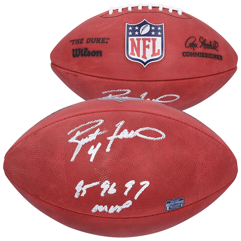Ballon de football américain Wilson Duke en couleur, autographié par Brett Favre des Green Bay Packers, avec inscription « MVP NFL 95, 96, 97 ».