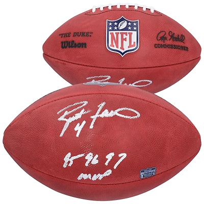 Ballon de football américain Wilson Duke en couleur, autographié par Brett Favre des Green Bay Packers, avec inscription « MVP NFL 95, 96, 97 ».
