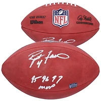 Ballon de football américain Wilson Duke en couleur, autographié par Brett Favre des Green Bay Packers, avec inscription « MVP NFL 95, 96, 97 ».