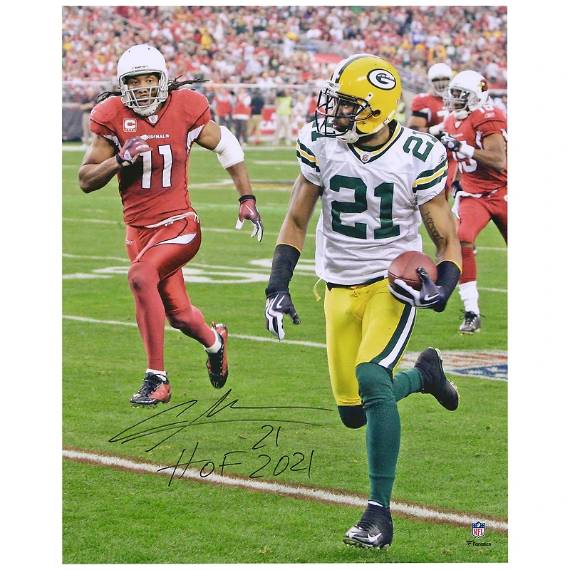 Photo autographiée de Charles Woodson (Green Bay Packers) - Retour d'interception (40,6 x 50,8 cm) avec inscription « HOF 21 ».