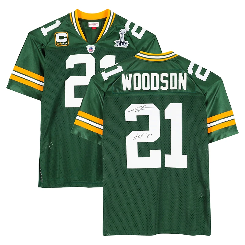 Maillot authentique Mitchell & Ness 2010 autographié par Charles Woodson des Green Bay Packers avec inscription « HOF 21 »