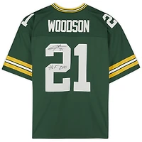 Maillot vert Mitchell & Ness Legacy autographié par Charles Woodson des Green Bay Packers, avec inscription « HOF 21 ».