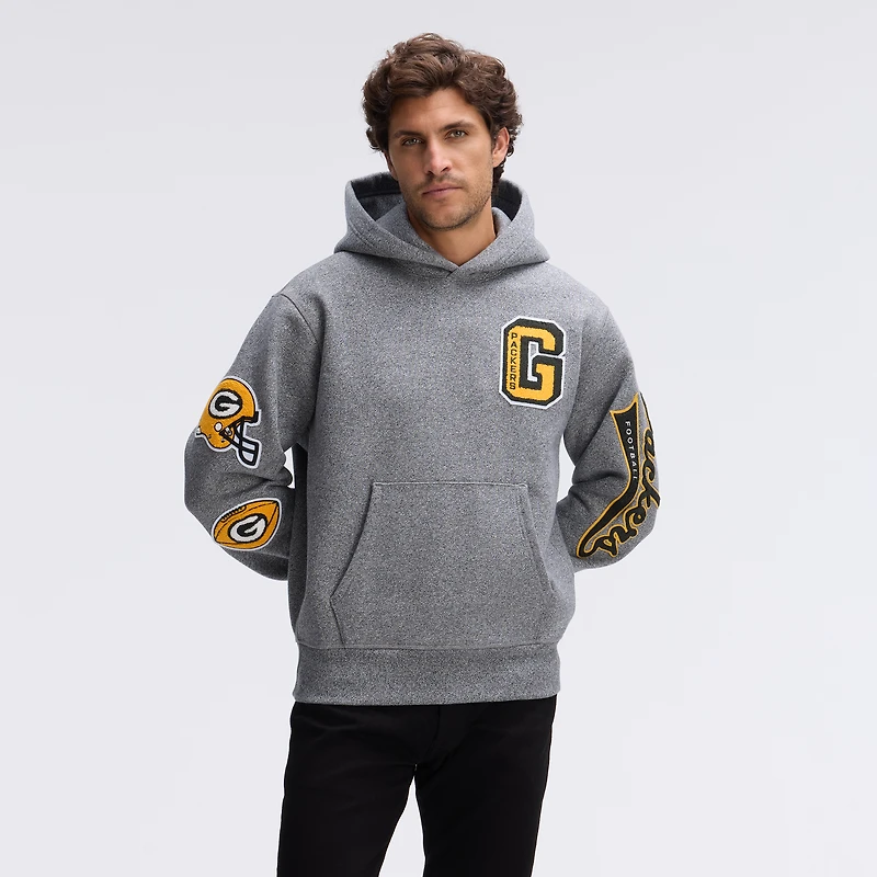 Fanatics Athletic Heather Gray Green Bay Packers IconicFleece Letterman Hoodie