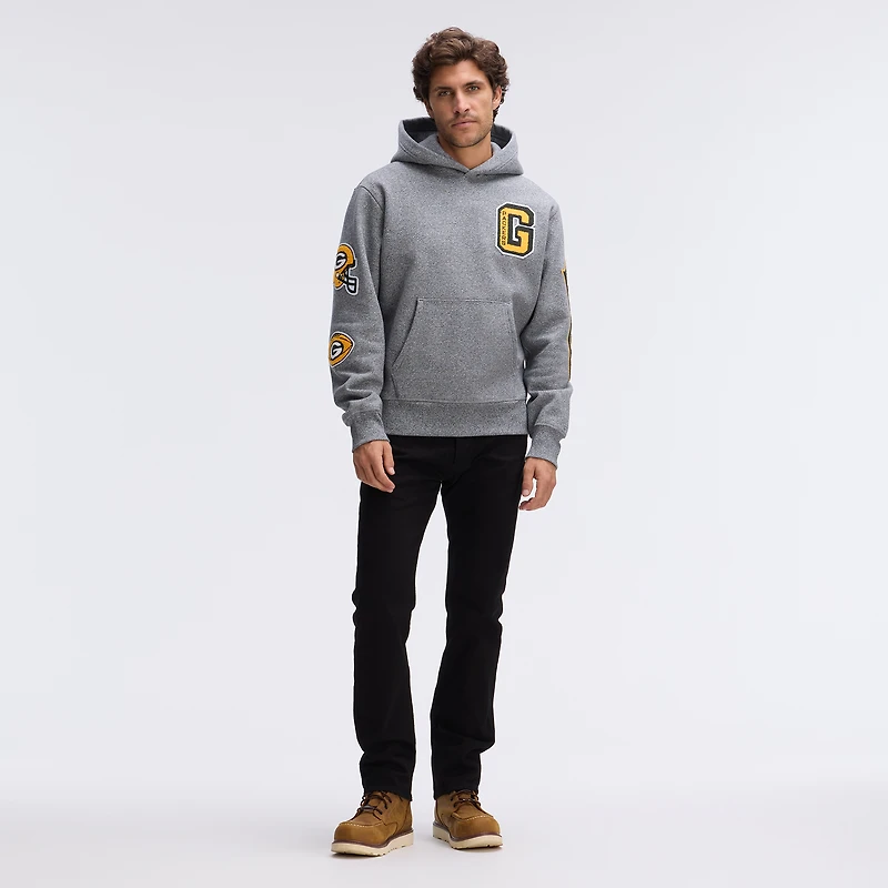 Fanatics Athletic Heather Gray Green Bay Packers IconicFleece Letterman Hoodie