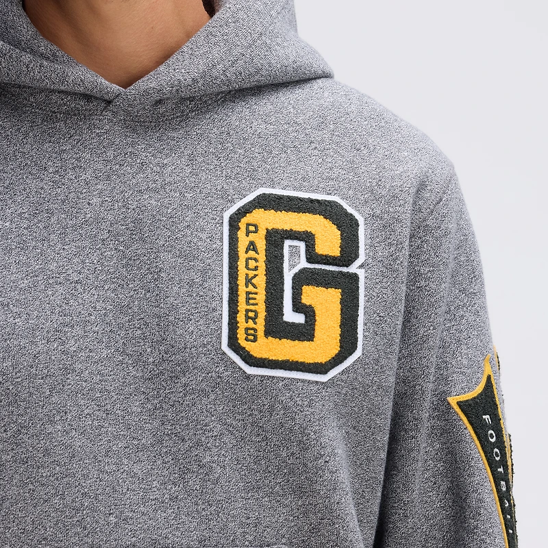 Fanatics Athletic Heather Gray Green Bay Packers IconicFleece Letterman Hoodie