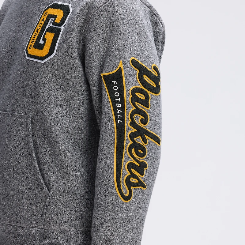 Fanatics Athletic Heather Gray Green Bay Packers IconicFleece Letterman Hoodie