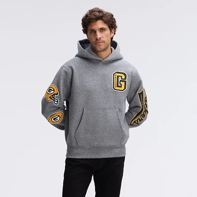 Fanatics Athletic Heather Gray Green Bay Packers IconicFleece Letterman Hoodie
