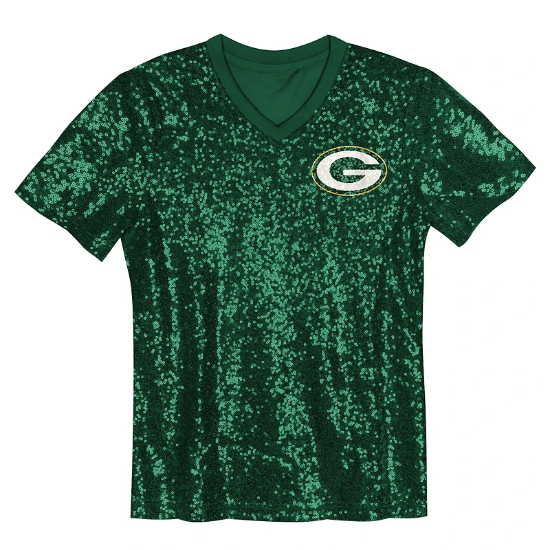 Maillot à paillettes col en V pour filles Jordan Love Green Bay Packers