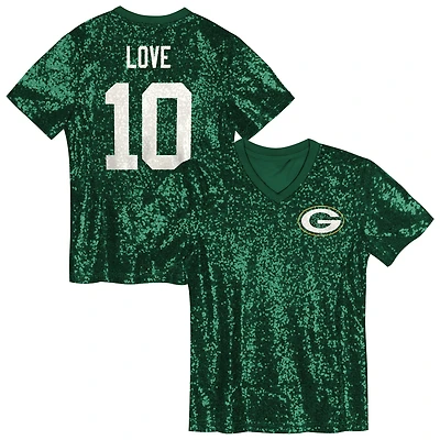 Maillot à paillettes col en V pour filles Jordan Love Green Bay Packers