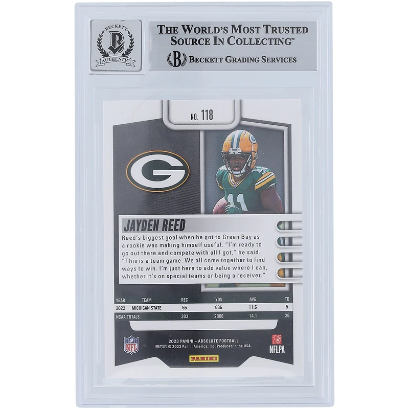 Jayden Reed Green Bay Packers Autographed 2023 Panini Absolute Green #118 Beckett Fanatics Witnessed Authenticated 9/10 Rookie Card