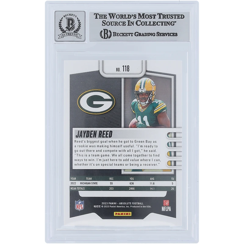 Jayden Reed Green Bay Packers Autographed 2023 Panini Absolute #118 Beckett Fanatics Witnessed Authenticated 9/10 Rookie Card