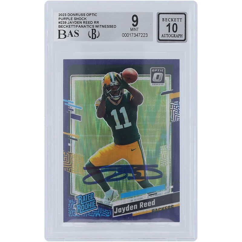 Jayden Reed Green Bay Packers Autographed 2023 Panini Donruss Optic Purple Shock Rated Rookie #239 Beckett Fanatics Witnessed Authenticated 9/10 Rookie Card