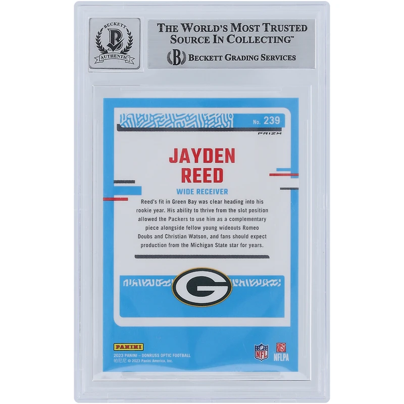 Jayden Reed Green Bay Packers Autographed 2023 Panini Donruss Optic Purple Shock Rated Rookie #239 Beckett Fanatics Witnessed Authenticated 9/10 Rookie Card