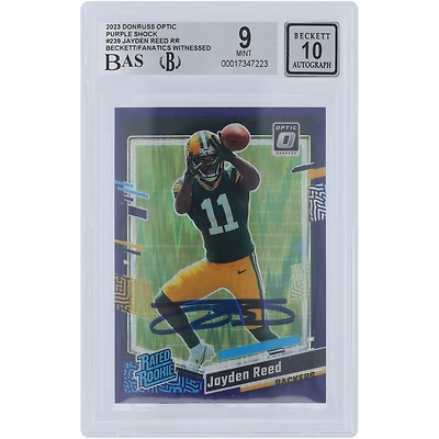 Jayden Reed Green Bay Packers Autographed 2023 Panini Donruss Optic Purple Shock Rated Rookie #239 Beckett Fanatics Witnessed Authenticated 9/10 Rookie Card 