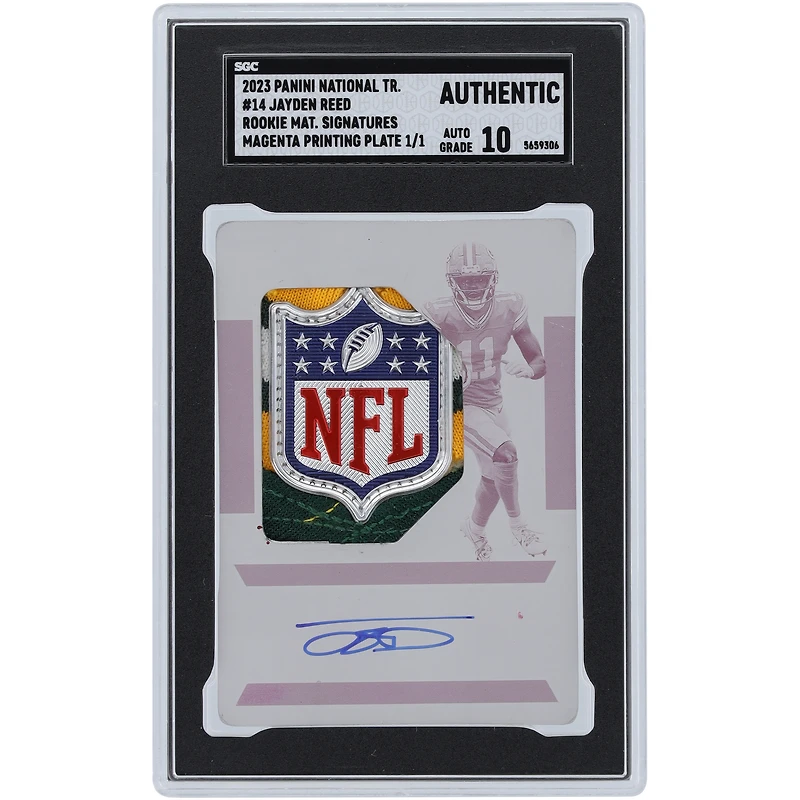 Jayden Reed Green Bay Packers Autographed 2023 Panini National Treasures Magenta Printing Plate NFL Shield RPA #14 #1/1 SGC Authenticated Auth/10 Rookie Card
